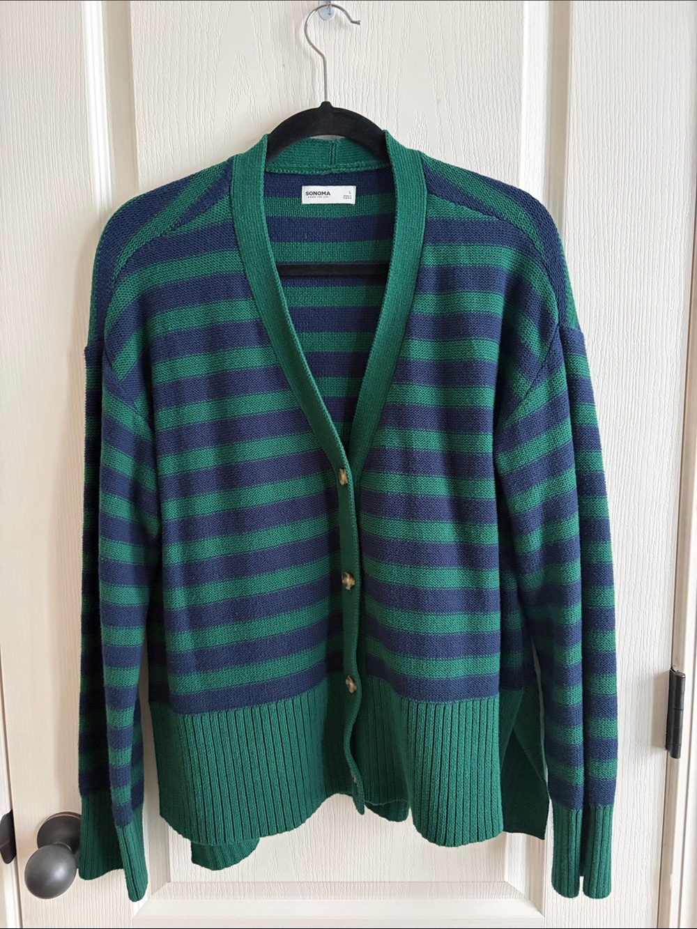 Sonoma Green & Navy Striped Women’s Cardigan Sweater Size Large School Spirit